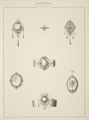 Nine Designs For Jewelry, Including Gold Bracelet With Red Stone. — size preview