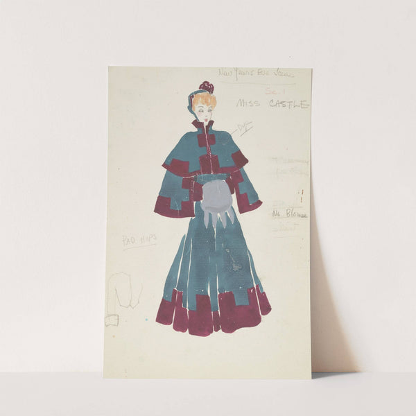 Life and Death of an American: Miss Castle green dress with red borders. Grey muff, green and red bonnet (1934-1943) by Alex Jones