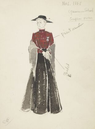 Life and Death of an American: Mrs. Ives red plaid blouse, black skirt, grey shawl, black hat (1934-1943) — size preview
