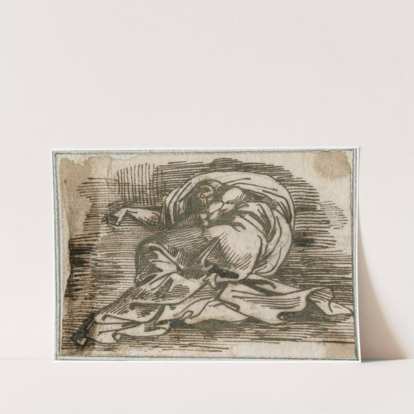 Liggende figuur, in lange mantel, op de voeten gezien by David Humbert de Superville