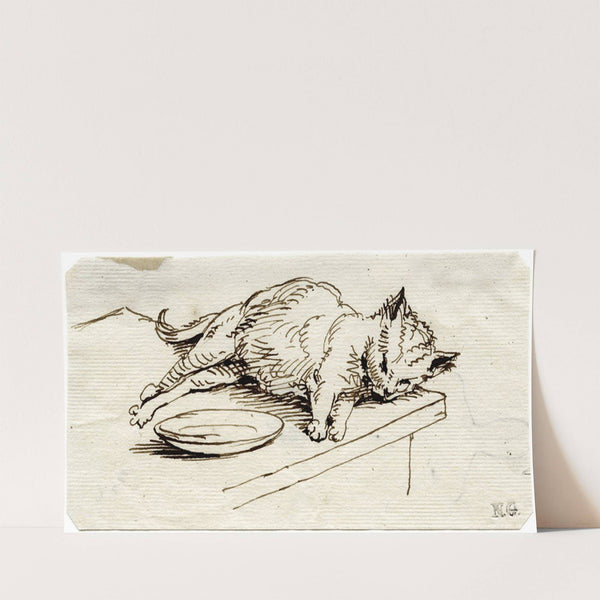 Liggende kat, bij bord op een tafelblad by David Humbert de Superville