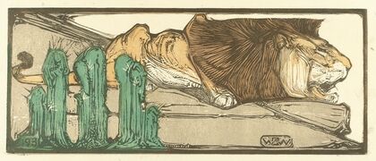 Liggende leeuw bij drie cactussen (1931)