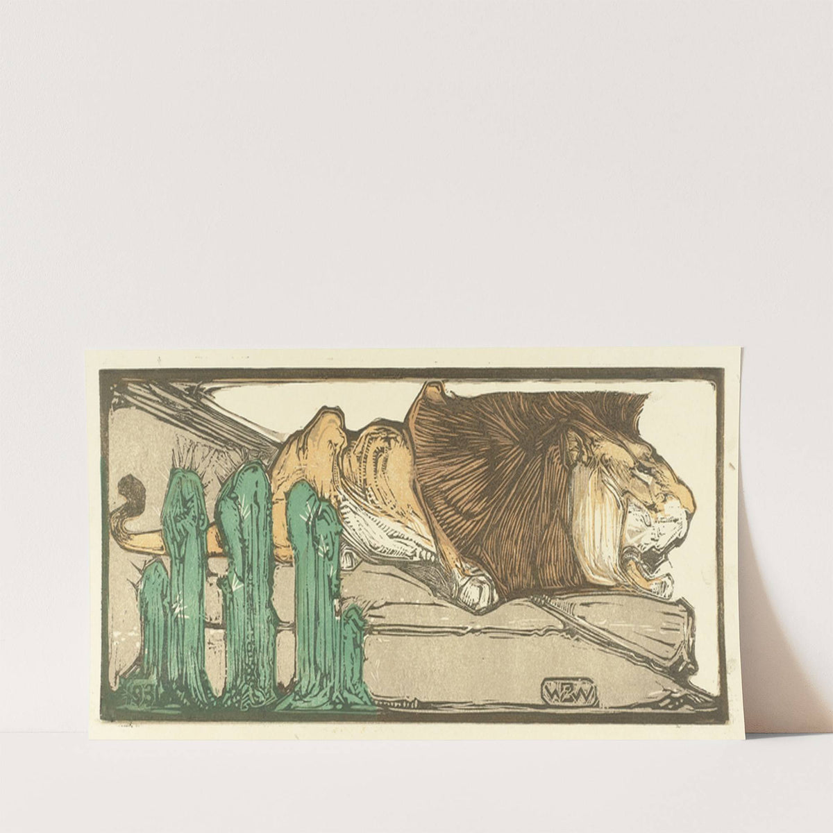 Liggende leeuw bij drie cactussen (1931) by Bernard Willem Wierink