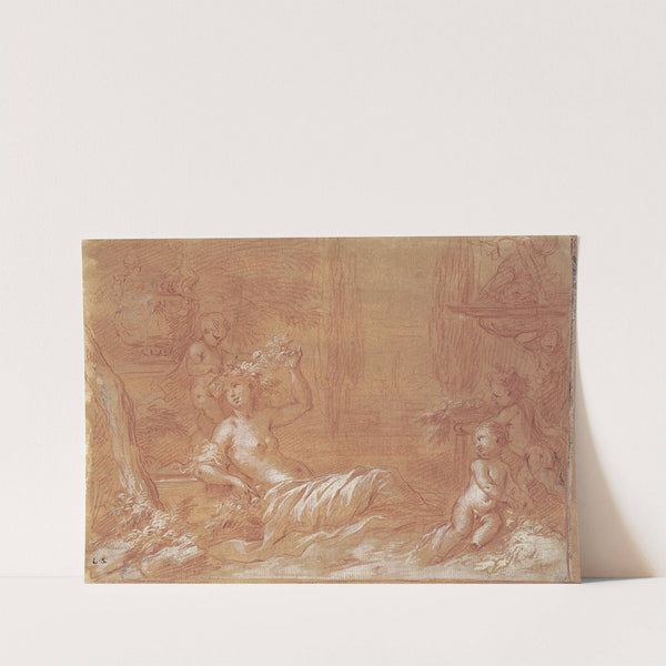 Liggende nymfe i en have med fontæne, vase og tre amoriner by Bartolomeo Biscaino