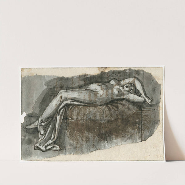 Liggende vrouwenfiguur in lang gewaad, op rustbank by David Humbert de Superville