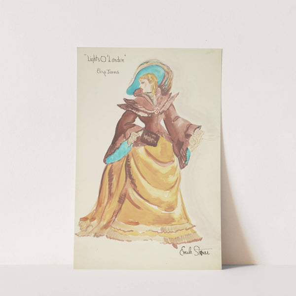 Lights O’ London: Eliza Jarvis yellow skirt with bustle, brown teal-lined coat (1934-1943) by Emile Stoner