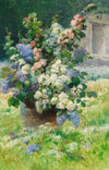 Lilac branches and hollyhocks