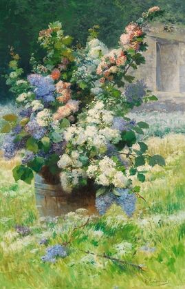 Lilac branches and hollyhocks