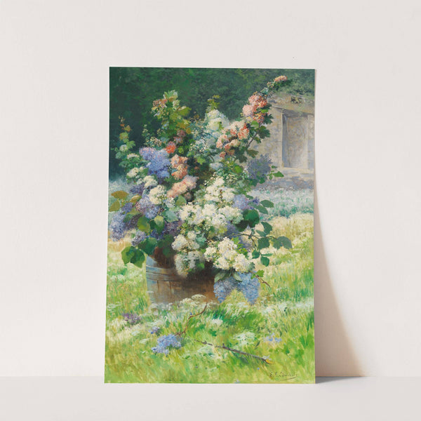 Lilac branches and hollyhocks by Eugène Henri Cauchois