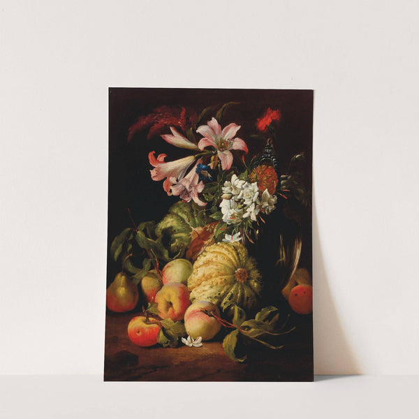 Lilies and other flowers in a glass vase with peaches and melons by Abraham Brueghel