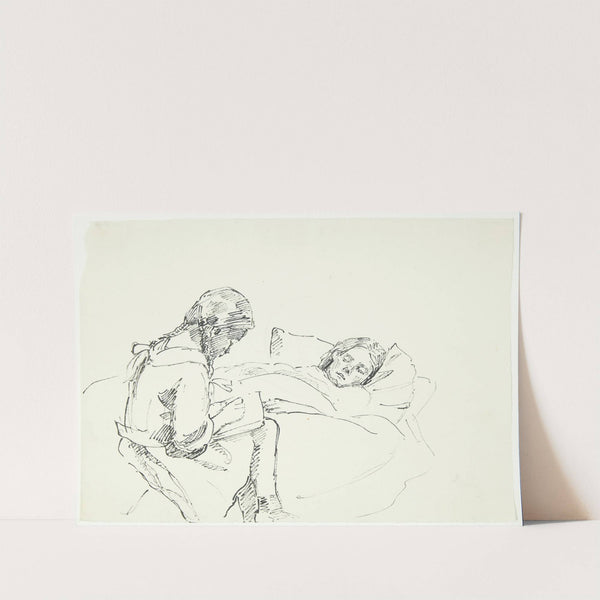 Lille pige læser højt for en syg kunstnerens hustru og datter by Peter Hansen