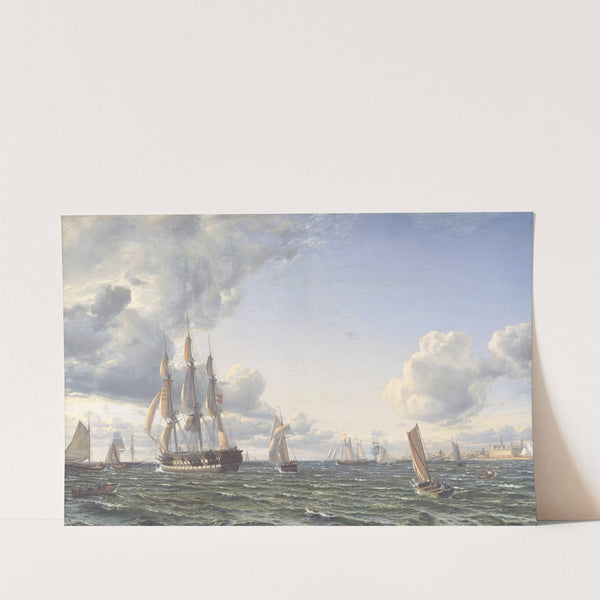 Linieskibet 'Valdemar' krydser Sundet ind for en frisk bramsejlskuling by Emanuel Larsen