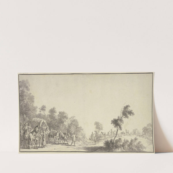Links am Ausgang des Waldes ein Reisewagen mit drei Pferden, umgeben von vielen Reitern, rechts Hirten mit Herde by Jan van de Velde II