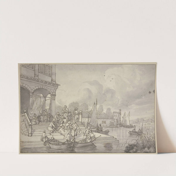 Links am Wasser eine Villa mit einer großen Treppe, viele Damen und Herren kommen aus dem Hause, um in zwei Boote zu steigen by Jacob Esselens