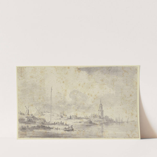 Links an einem Fluss eine Stadt mit Kirche und Festungsmauer, weiter links zwei Windmühlen by Jan van Goyen