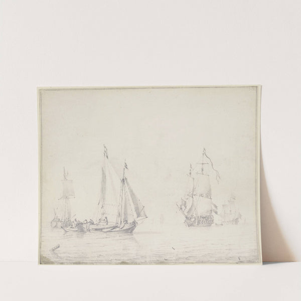 Links drei Barken, rechts zwei größere Schiffe unter vollen Segeln by Willem van de Velde the Younger