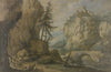 Links hohe Felsen mit Tannen, rechts auf hohen Felsen eine Burg, über dem Bach eine steinerne Brücke