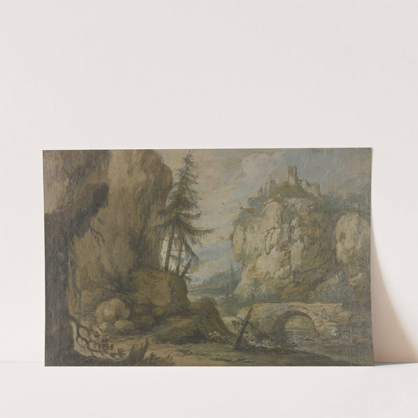 Links hohe Felsen mit Tannen, rechts auf hohen Felsen eine Burg, über dem Bach eine steinerne Brücke by Allaert van Everdingen