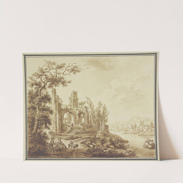 Links unter einem Baum Ruinen, rechts Ausblick auf eine Flußlandschaft, im Vordergrund ein rastendes Paar mit zwei Kindern by Franz Hochecker