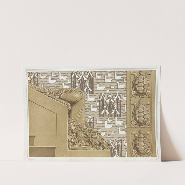 Lion, départ de rampe en pierre pour en escalier monumental. Tortues, carreaux grès. Canards et iris, tenture pour chambre d'enfant. by Maurice Pillard Verneuil