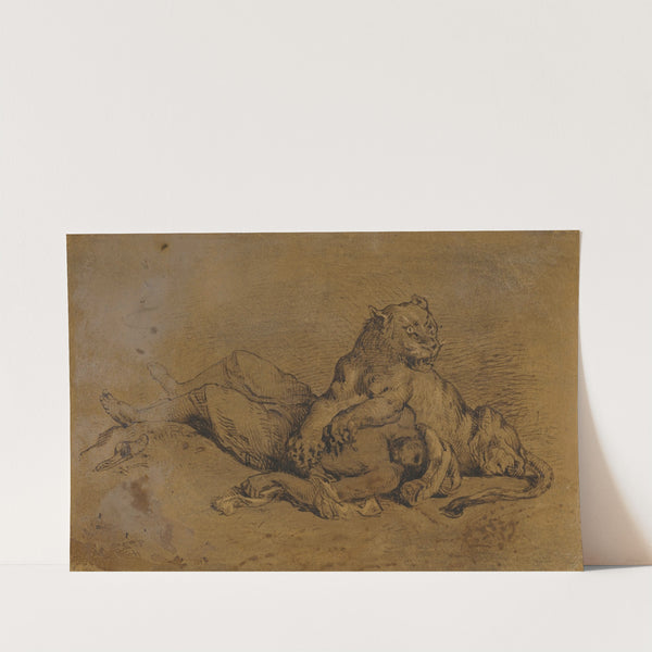 Lionne déchirant la poitrine d’un Arabe, after Delacroix by Antoine-Louis Barye
