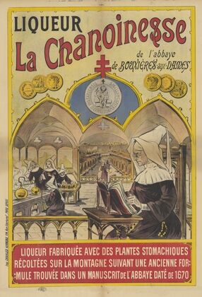 Liqueur La Chanoinesse de l’abbaye de Bouxières-aux-Dames. Liqueur fabriquée avec des plantes stomachiques (1895)
