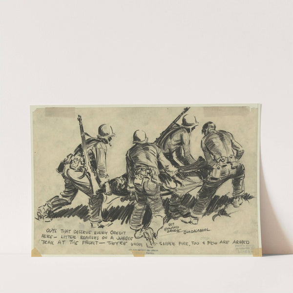 Litter bearers on a jungle trail at the front by Howard Brodie