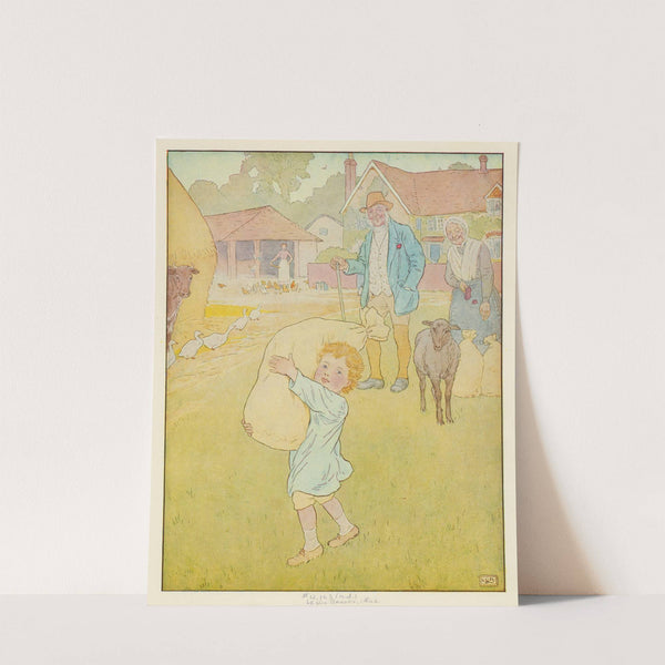 Little boy carrying bag of wool. by Leonard Leslie Brooke