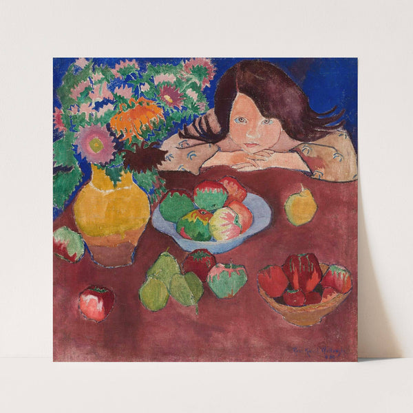 Little girl at a table with fruit (1908) by Romuald Kamil Witkowski