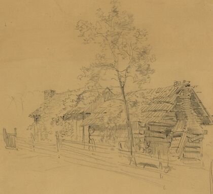Log cabin beside tree and rail fence