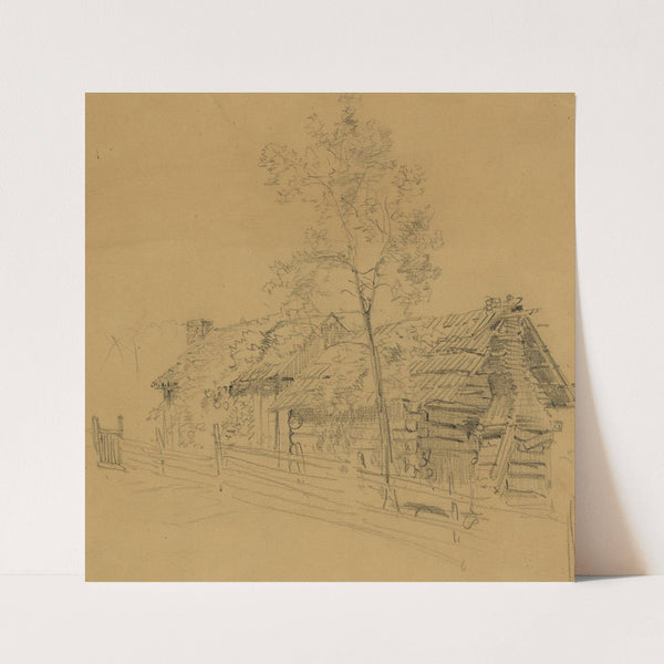 Log cabin beside tree and rail fence (1860-1865) by Alfred Rudolph Waud