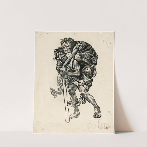 Lopende man met skelet op zijn rug by Johannes Josephus Aarts