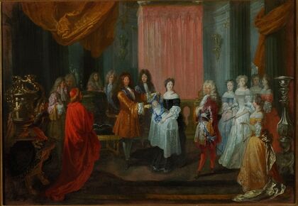 Louis XIV awards the Cordon Bleu Order to the Duke of Burgundy, father of Louis XV.