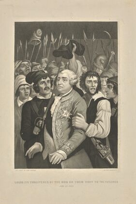 Louis XVI threatened by the mob on their visit to the Tuileries ; June 20, 1792 (1850)