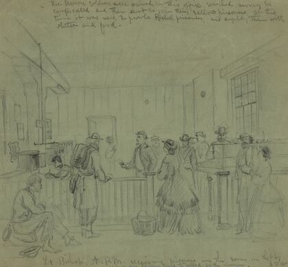 Lt. Bishop A.P.M. receiving prisoners in the room in Libby where our soldiers used to be robbed by the chivalry