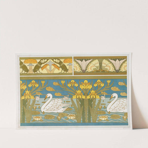 Lucanes et champignons, oxalides et papillons, bordure; cygnes, iris et nénuphars, émail cloisonné by Maurice Pillard Verneuil