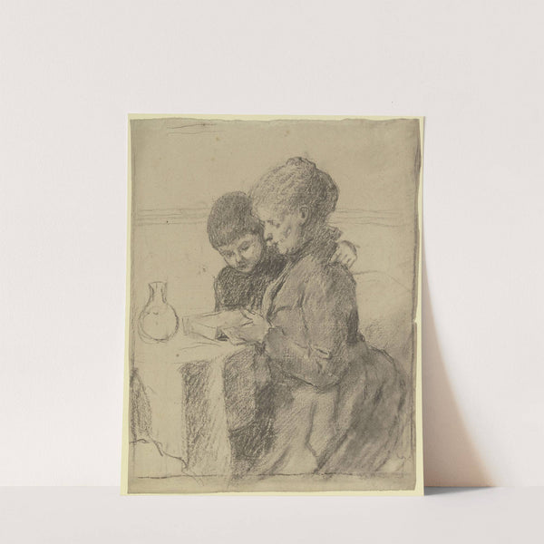 Luise Scholderer gemeinsam mit ihrem Sohn Victor in einem Buch lesend by Otto Scholderer