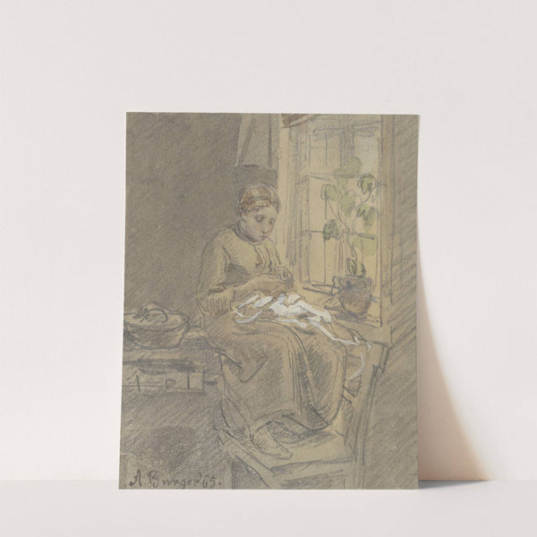 Mädchen am Fenster eine Nadel einfädelnd by Anton Burger