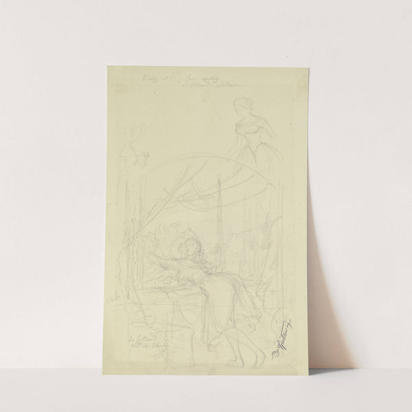 Mädchen am Fenster, einen Blumenstock umarmend, darüber Skizzen zweier Mädchen by Carl Spitzweg