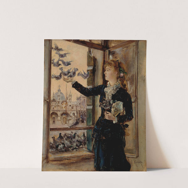 Mädchen an einem Fenster zum Markusplatz, Tauben fütternd (1875) by Anton Romako