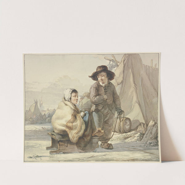 Mädchen auf einem Schlitten, daneben ein Junge, in einem Lager by Jacob van Strij