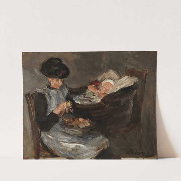 Mädchen aus Laren beim Kartoffelschälen neben schlafendem Kind im Korb (1887) by Max Liebermann
