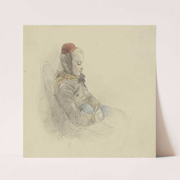 Mädchen mit niedergeschlagenem Blick auf einem Stuhl sitzend nach rechts by Jakob Fürchtegott Dielmann