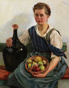 Mädchen mit Obstkorb und Weinflasche