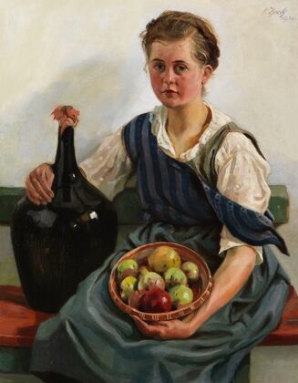 Mädchen mit Obstkorb und Weinflasche