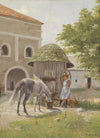 Mädchen mit Pferd am Brunnen