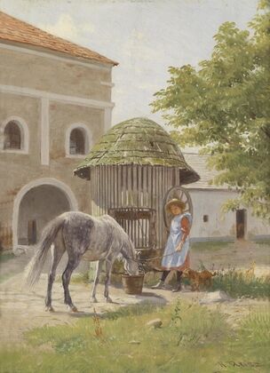 Mädchen mit Pferd am Brunnen
