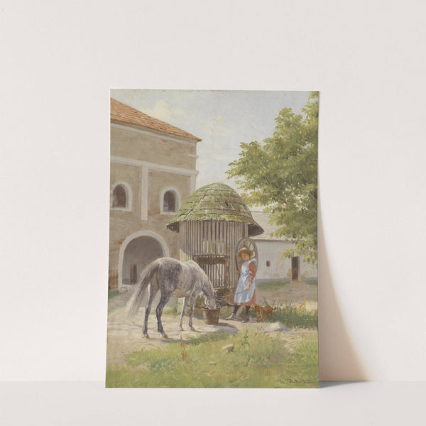 Mädchen mit Pferd am Brunnen by Hermann Reisz
