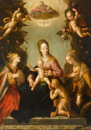 Madonna and Child with the infant Saint John the Baptist, Saint Catherine of Alexandria, another female martyr saint, and God the Father — size preview