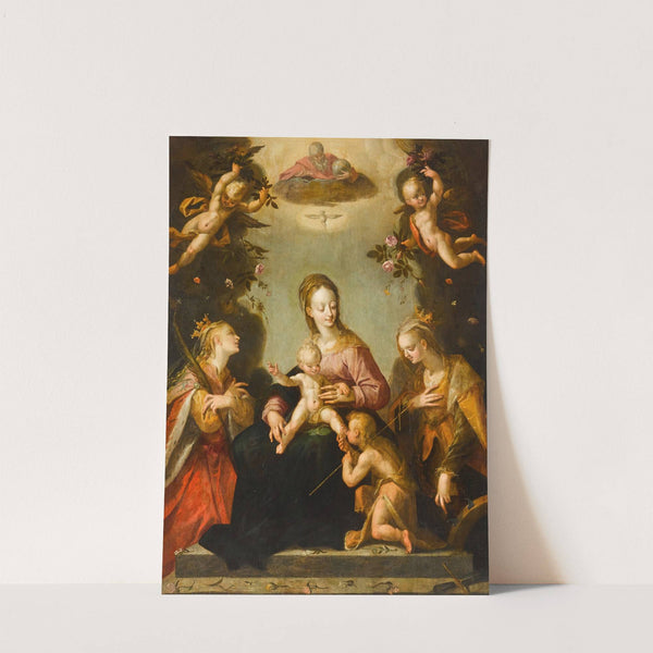 Madonna and Child with the infant Saint John the Baptist, Saint Catherine of Alexandria, another female martyr saint, and God the Father by Pieter Fransz. Isaacsz.